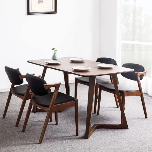 Vista 4 de Mesa de comedor rectangular nórdica con doble pedestal, moderna mesa de madera de pino para el hogar, restaurante marrón, 47.5 pulgadas de largo x