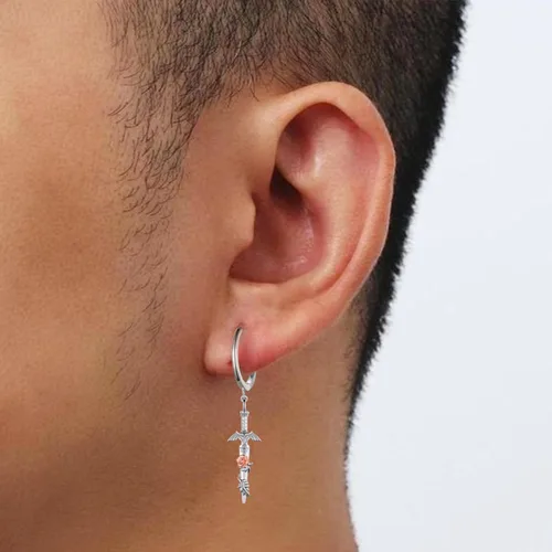 Vista 6 de Pendientes de aro de espada de plata de ley 925 con contenedor/corazón de espada/joyería de pizarra de Sheikah