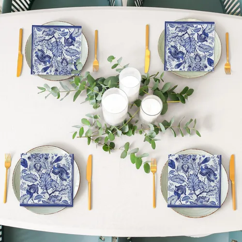 Vista 7 de AnyDesign 80 servilletas de papel florales azules, desechables, retro, con flores, para almuerzo, postre, cena, servilletas de mano para cumpleaños