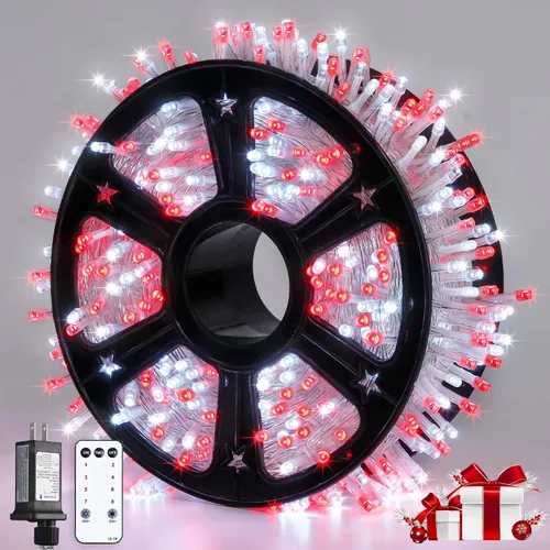 Vista 21 de JMEXSUSS 150 luces LED azules de Navidad para interiores y exteriores, luces de cadena conectables de 59 pies con enchufe, 8 modos de luces de hadas