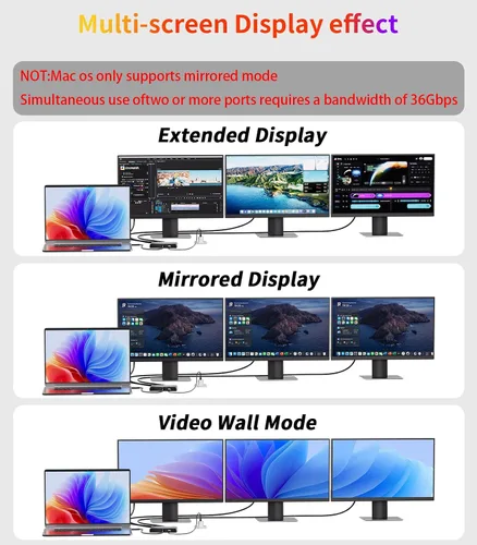 Vista 6 de Adaptador USB C a 3 × HDMI Divisor HDMI 4K60Hz Pantalla extendida Hub MST de 1 en 3 salidas con PD de 100 W para múltiples monitores convertidor
