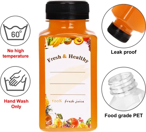 Vista 3 de Moretoes 56 botellas de plástico de 8 onzas con tapas, botellas reutilizables de plástico transparente para jugo, recipientes de jugo con tapas