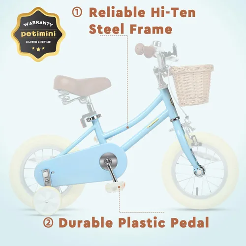 Vista 5 de Petimini Vintage Kids Bike for Girls, 12–20 Inch Classic Bicycle with Wicker Basket & Bell, High Tensile Steel Frame, Training Wheels (12–18”), 85%