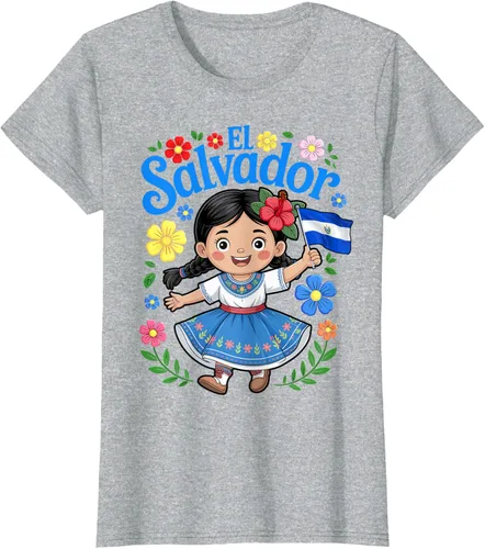 Vista 30 de Camiseta de estilo tradicional floral para niña con la bandera de El Salvador