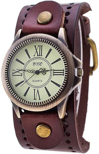 Vista 4 de Avaner Unisex Punk Retro bronce esfera redonda marrón ancho correa de cuero brazalete brazalete de números romanos relojes de pulsera analógicos