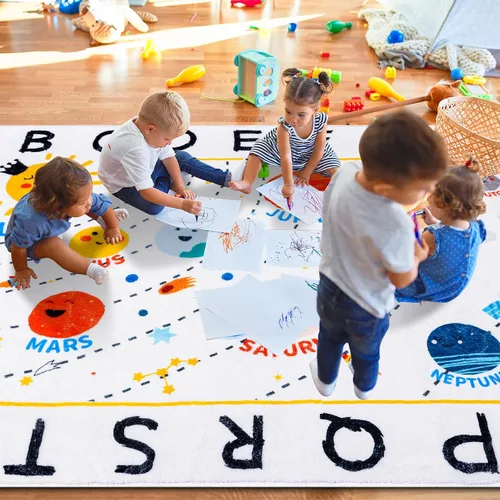 Vista 7 de ABC Space - Alfombra para niños, 3 pies 3 pulgadas x 4 pies 11 pulgadas, antideslizante, alfabeto, alfombra lavable, alfombra de felpa suave