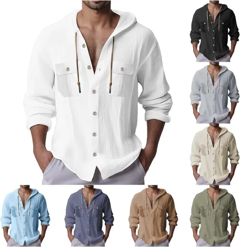 Vista 4 de Sudaderas con capucha de lino y algodón para hombre, camisas guayabera de manga larga con capucha con cordón y botones, camisas de playa