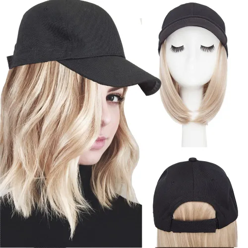 Vista 42 de Hairro Peluca de gorra de béisbol con cabello adjunto, corto estilo Bob ajustable, extensiones de cabello sintético para mujeres, balayage