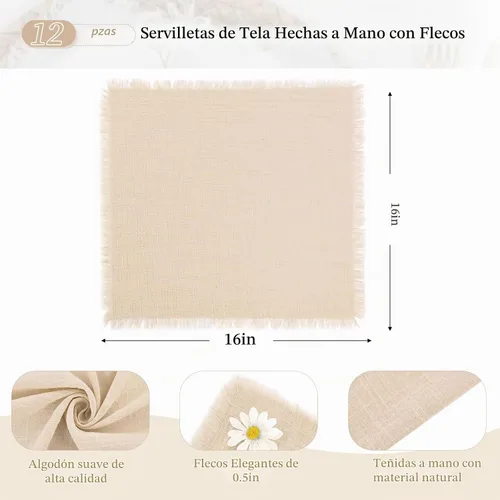 Vista 2 de Paquete de 12 servilletas de lino y algodón beige de 16 x 16 pulgadas, hechas a mano con flecos, servilletas de tela suave, lavables y rústicas