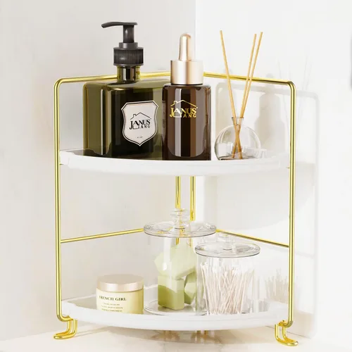 Vista 8 de Estante esquinero para especias de 2 niveles, organizador de maquillaje, apilable, soporte para cosméticos, estante de mostrador para baño, cocina