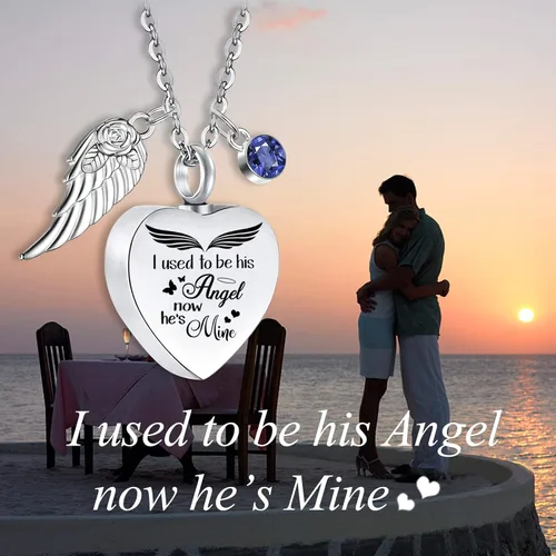Vista 7 de weikui Collar de urna de corazón para cenizas con ala de ángel, 12 piedras de nacimiento, colgante conmemorativo de cremación, joyería de recuerdo