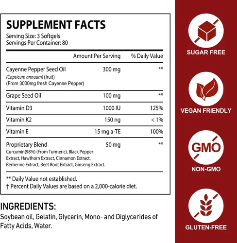 Vista 6 de Suplementos de pimienta de cayena - Cápsulas de pimienta de cayena con vitamina E, D3, K2, semilla de uva, espino, remolacha y extractos