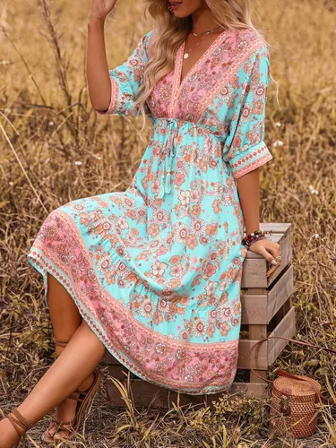 Vista 5 de OYOANGLE Vestido midi acampanado de media manga con cuello en V y estampado floral bohemio para mujer