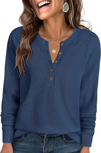 Vista 19 de ANRABESS Camisas de manga larga Henley de punto gofre para mujer Negro