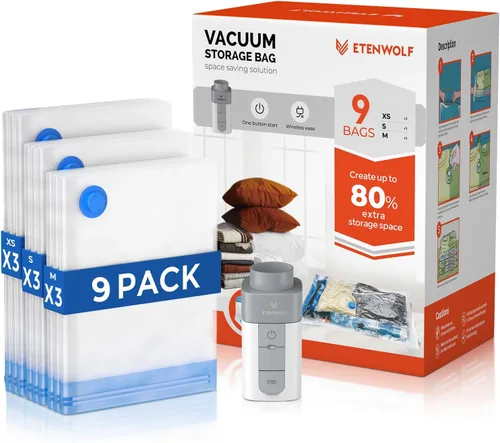 Vista 14 de ETENWOLF Bolsas de almacenamiento al vacío para viajes con bomba inalámbrica recargable, bolsas de sellado al vacío para ropa y viajes, bolsas