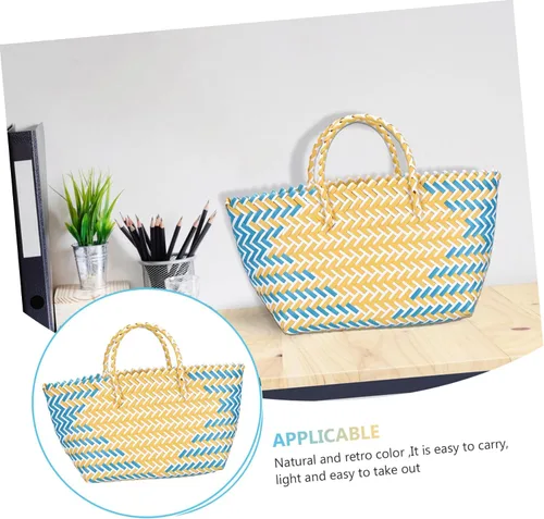 Vista 6 de Cabilock Cesta organizadora de tejido reutilizable, bolsa de compras de comestibles, bolsa de paja tejida con asa, cesta de compras portátil, bolsa