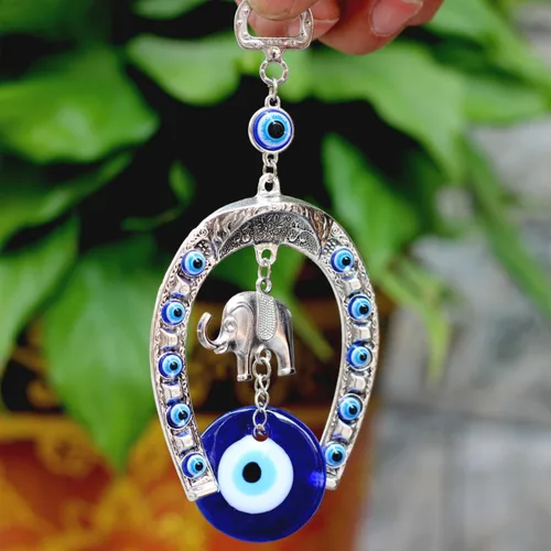 Vista 7 de Colgante colgante de ojos azules turcos, herradura, elefante, forma de encanto, decoración del hogar, amuleto de bendición de la suerte, adorno