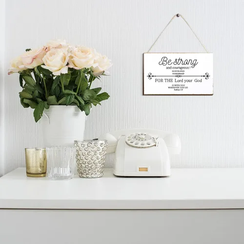 Vista 6 de Letrero con versículo bíblico para decoración de pared con versículo bíblico con texto en inglés "Be Strong and Courageous", de madera, 9.5 x 5.5