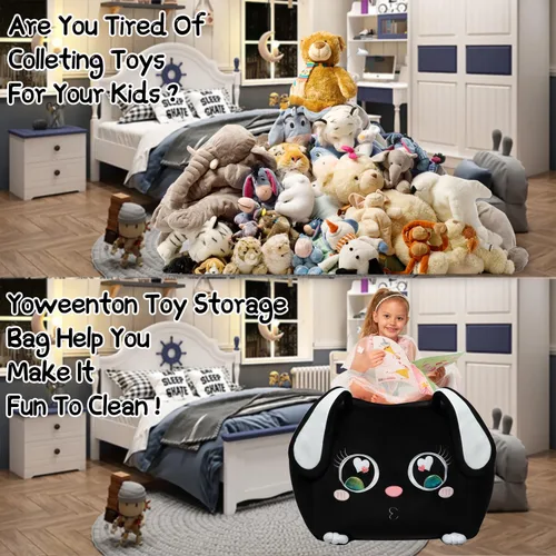 Vista 5 de Sillas de puf de conejo negro para organizador de habitación de niños, ideas de almacenamiento de animales de peluche, muebles de sala