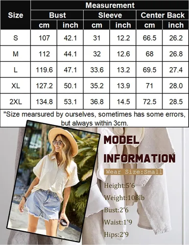 Vista 6 de Chigant Blusas de algodón y lino para mujer, camisas Henley de manga corta con botones y cuello en V y dos bolsillos