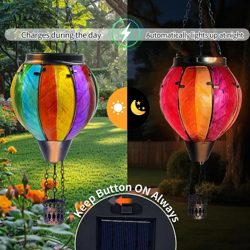 Vista 3 de Linterna solar colorida con globo de aire caliente con luz de llama parpadeante, faroles solares colgantes de vidrio, faroles solares
