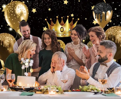 Vista 3 de Telón de fondo para fotografía de cumpleaños número 50 para mujeres y hombres, globo con purpurina negra y dorada, telón de fondo para fotos