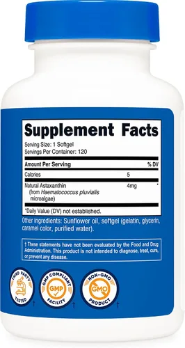 Vista 5 de Nutricost Astaxantina 4 mg, sin gluten y sin OMG, 120 cápsulas blandas (suministro para 4 meses)