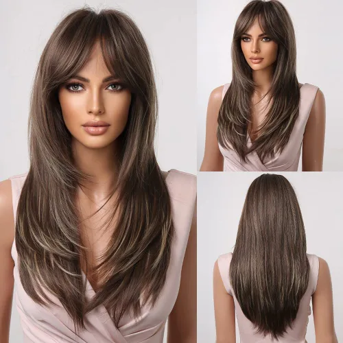 Vista 21 de HAIRCUBE Pelucas Auburn para Mujeres, Pelucas Largas en Capas Naranjas con Flequillo, Pelucas de Fibra Sintética Resistentes al Calor