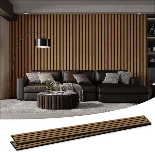 Vista 19 de Paquete de 4 paneles acústicos de pared de 105.9 x 12.6 x 0.8 pulgadas, absorbentes de sonido, paneles de pared de listones de madera para Teca
