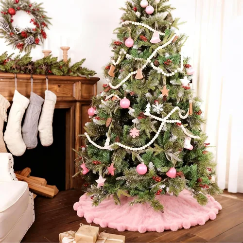 Vista 13 de ORTIGIA Falda blanca para árbol de Navidad de 48 pulgadas con POM POM, falda de árbol de Navidad de felpa suave de piel sintética blanca para árbol