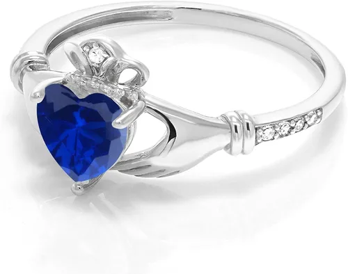 Vista 3 de Gem Stone King Anillo Claddagh celta irlandesa de oro blanco de 10 quilates con zafiro y diamante blanco para mujer