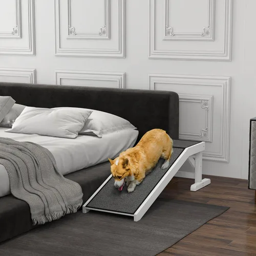 Vista 2 de PawHut Rampa para perros para cama, rampa para mascotas para perros con alfombra antideslizante y plataforma superior, 49 x 16 x 14 pulgadas