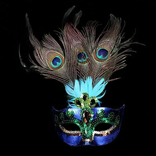Vista 4 de BLUE GARLIC Máscara de mascarada para mujer, máscara de plumas de pavo real, máscara de Mardi Gras para niñas, Azul