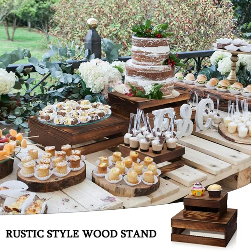 Vista 3 de Sieral 4 piezas de madera para cupcakes, soporte decorativo para postres, aperitivos, pasteles, caja de madera rústica, para almacenamiento