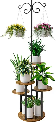 Vista 10 de Soporte para plantas de interior de 4 niveles con 5 estantes para macetas múltiples para patio, jardín, balcón, sala de estar, esquina