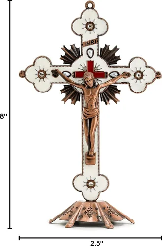Vista 6 de Calculs Cruz de mesa de metal con crucifijo de Jesús para decoración del hogar, cruz católica para oraciones cristianas, Jerusalén, 8 pulgadas, cobre