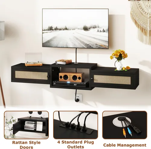 Vista 5 de IBUYKE Soporte flotante moderno de ratán para TV con puertas, estante de TV montado en la pared para televisores de hasta 55 pulgadas, consola