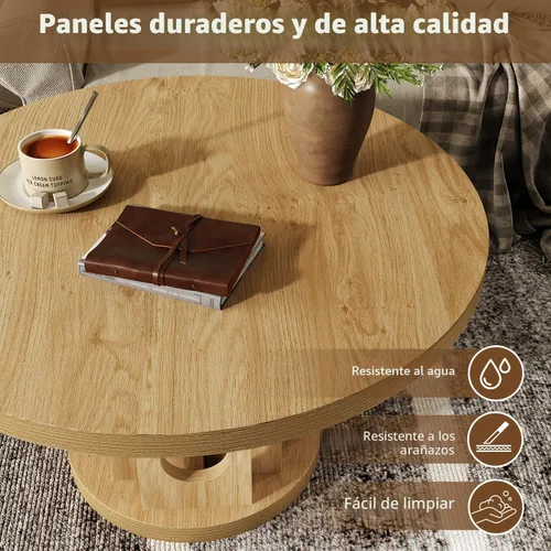 Vista 3 de knoworld Mesa de centro redonda de 31.5 pulgadas, pequeño círculo de madera central, panel de orificios, diseño de empalme, mesas de centro