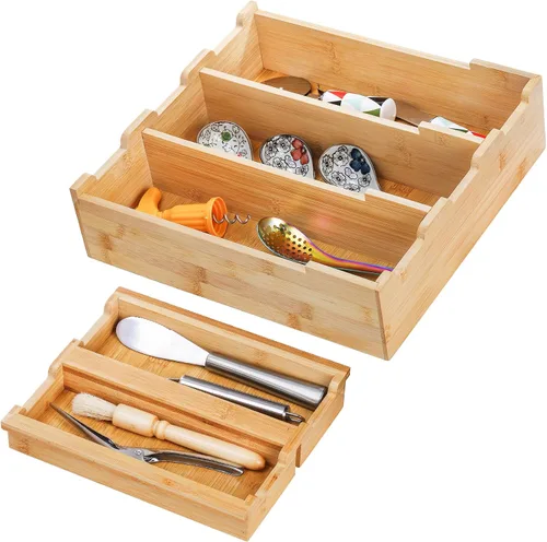Vista 4 de Organizador de Cajones de Cocina de Bambú Okllen, Organizador de Utensilios Apilable de 2 Niveles, Organizador de Cubiertos para Almacenamiento