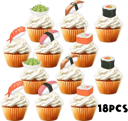 Vista 3 de Decoración para cupcakes de postre de sushi con purpurina, suministros de decoración temática de fiesta japonesa, baby shower, hombres y mujeres