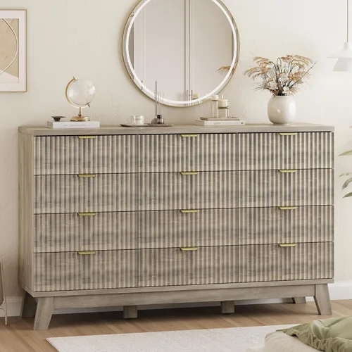 Vista 12 de Cómoda acanalada para dormitorio con 3 cajones, cómoda moderna de 24 pulgadas de ancho con mango de metal, soporte de TV de madera, armario de Negro