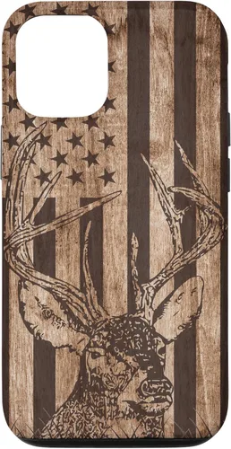 Vista 26 de Funda de madera para iPhone 16 con diseño de ciervo de cola blanca para caza cazador de bandera estadounidense