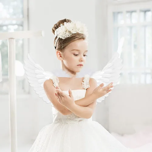 Vista 3 de Alas de ángel blancas y halo para niñas disfraces de alas para niños alas blancas para niños y niños alas de plumas para festivales Halloween