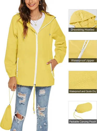 Vista 2 de Avoogue Chaqueta impermeable para mujer, ligera, transpirable, con capucha, rompevientos activos con bolsillo