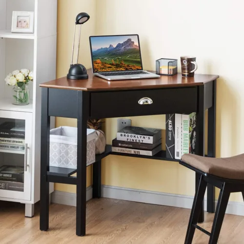 Vista 4 de Tangkula Escritorio esquinero, escritorio de esquina para computadora con cajón para espacio pequeño, escritorio de tocador de maquillaje de esquina