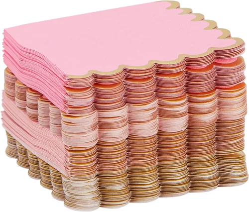 Vista 6 de Sparkle and Bash Servilletas de cóctel rosadas de 5 x 5 pulgadas, 100 unidades, 3 capas festoneadas, rosa y dorado, servilletas para bebés