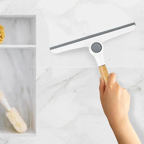 Vista 4 de Zadro Escobilla plegable multiusos con mango de bambú y lazo de silicona para colgar (9.5 pulgadas de ancho, bambú/blanco/gris)
