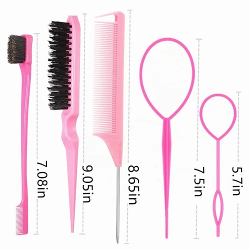 Vista 7 de 5 piezas de juego de cepillo Slick Back con herramienta Topsy Tail, cerdas para estirar, peine de rata para peinado de cabello de mujeres y niñas
