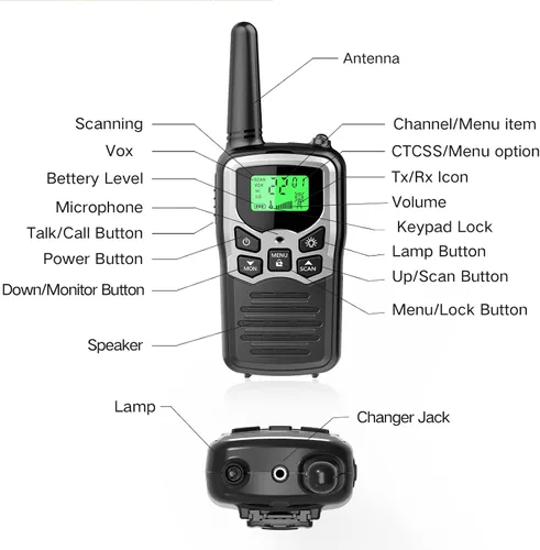 Vista 5 de Walkie Talkies con 22 canales FRS, walkie talkies MOICO para adultos con linterna LED, pantalla LCD de escaneo VOX, radio familiar de largo alcance