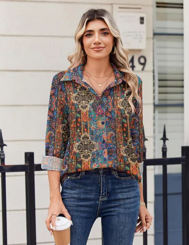 Vista 4 de Zeagoo Blusa para mujer, de manga larga, con botones, casual, ligera, lisa/estampada